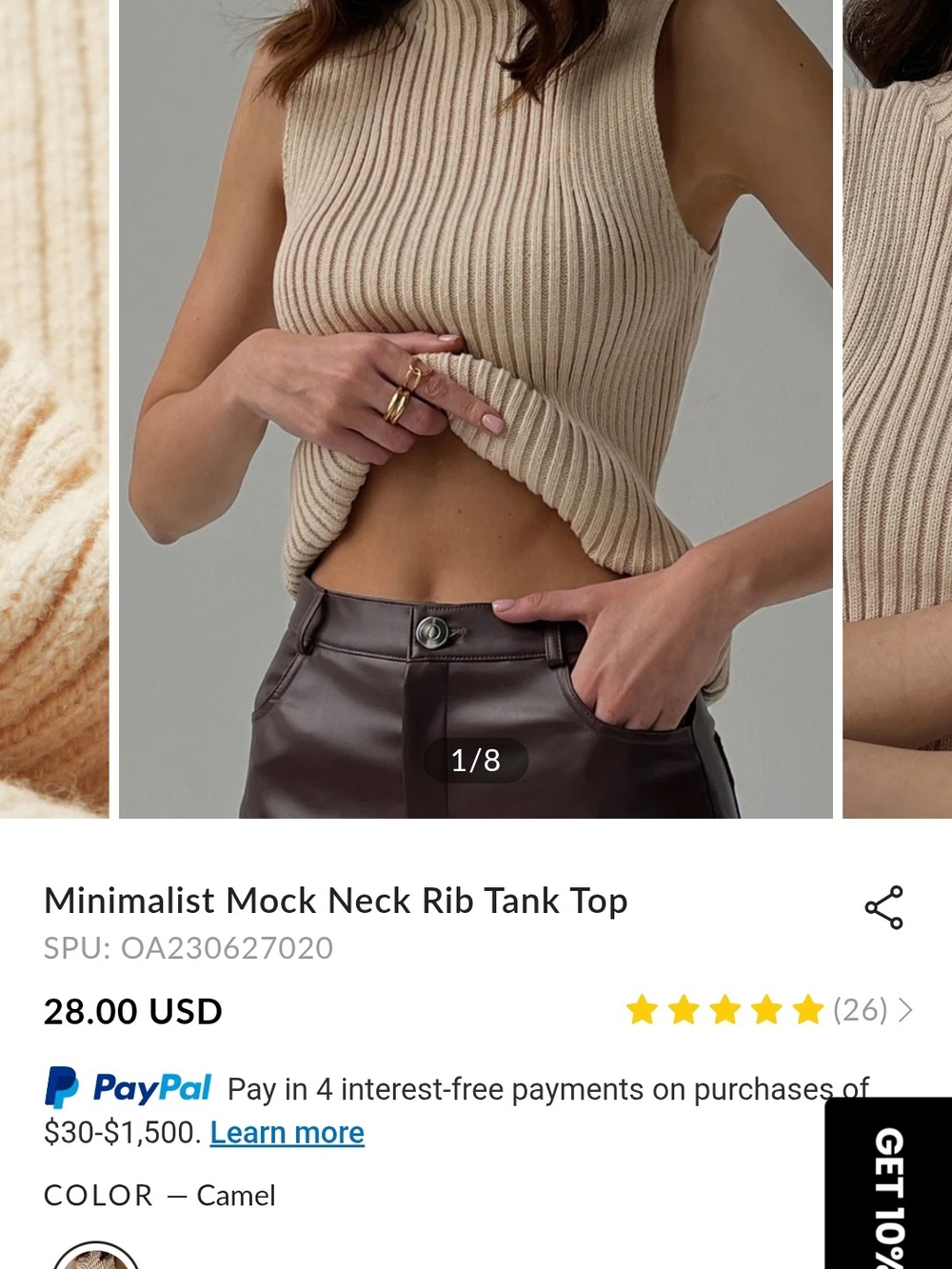 Commense Camel Ribbed Mock Neck Tank Top